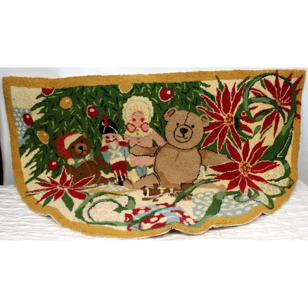 Yorkville Wool Christmas Rug Half Circle Teddy Bear Tree Doll Solider Poinsettia
